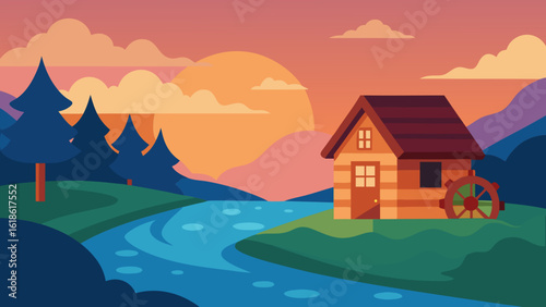 Historic Small House by River with Watermill Illuminated by Sunset