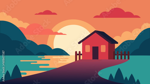 Cozy Small House by River with Rustic Wooden Fence at Sunset