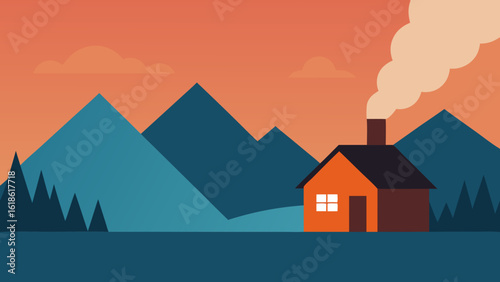 Rustic Small House Nestled in Mountains with Smoke Curling from Chimney