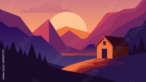 Cozy Small House Nestled in Mountain Valley Bathed in Golden Sunset