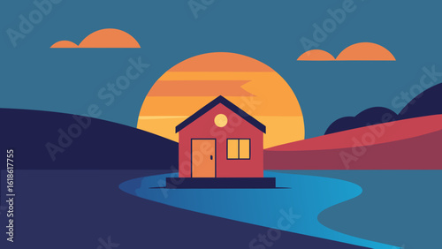 Quaint Small House on Riverbank with Warm Light Glowing from Windows