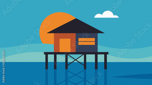 Charming small wooden building on stilts over water at sunset