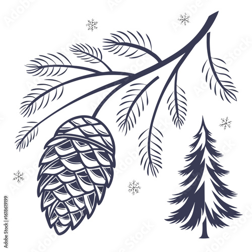 Stylized pine branch with cone and fir tree silhouette with snowflakes