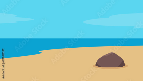 Minimalist wide empty beach with a single large interesting rock