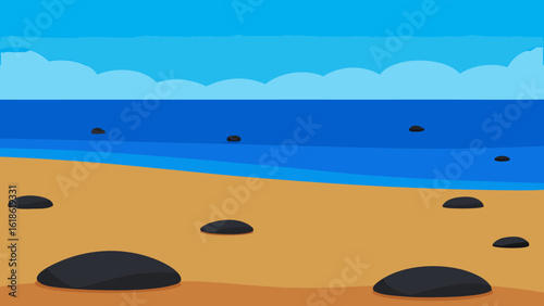 Unique wide empty beach with black volcanic pebbles rugged coastline