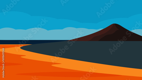 Striking wide empty beach with dramatic dark volcanic sand unique