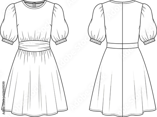 Elegant puff sleeve midi dress front and back flat sketch, fashion cad drawing, waist fitted, vector illustration for designers