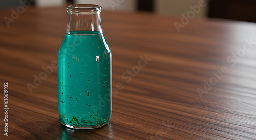 Teal Glass Bottle with Sparkling Particles on Wooden Table.