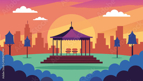 Peaceful city park with a bandstand waiting for a concert performance