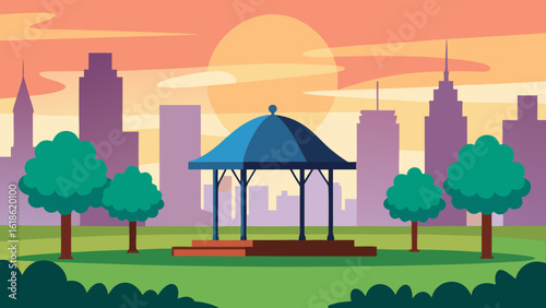 Picturesque city park with a gazebo at sunrise charming morning view