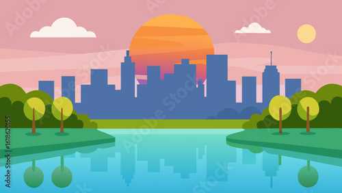 Stunning city park with a lake reflecting the sunrise vibrant colors