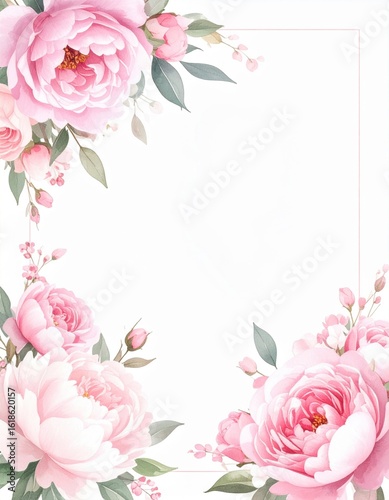 Delicate pink peonies adorn a blank white backdrop, creating a charming floral frame perfect for invitations or stationery.