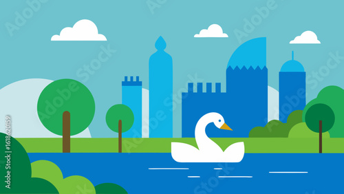 Idyllic city park with a lake and a single swan gliding at sunrise