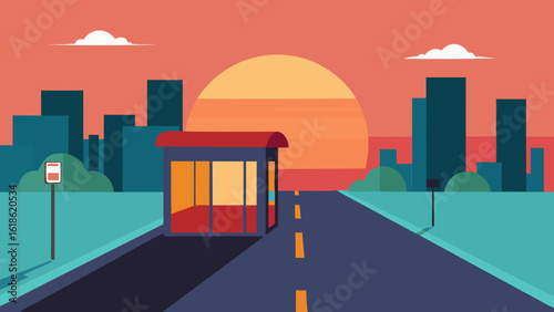 Classic city road with a bus stop at sunrise early morning commute