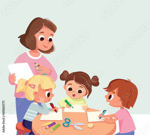 Creative Arts and Crafts Classes. Teacher and kids leaning to draw with pencils and paints, sitting around the table. After School Activities in kinder garden. Teacher with kids and toddlers.