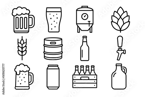 Beer brewing icons: mug, pint, keg, hops, tap, bottle, wheat, barrel, jug, crate