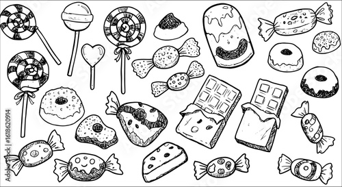 Detailed Black and White Hand-Drawn Assortment of Sweet Treats: Lollipops, Wrapped Candies, Donuts, Chocolate Bars, and Various Desserts - Ideal for Coloring Pages.
