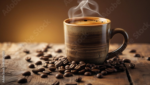 Steaming Mug of Espresso with Crema on Rustic Table