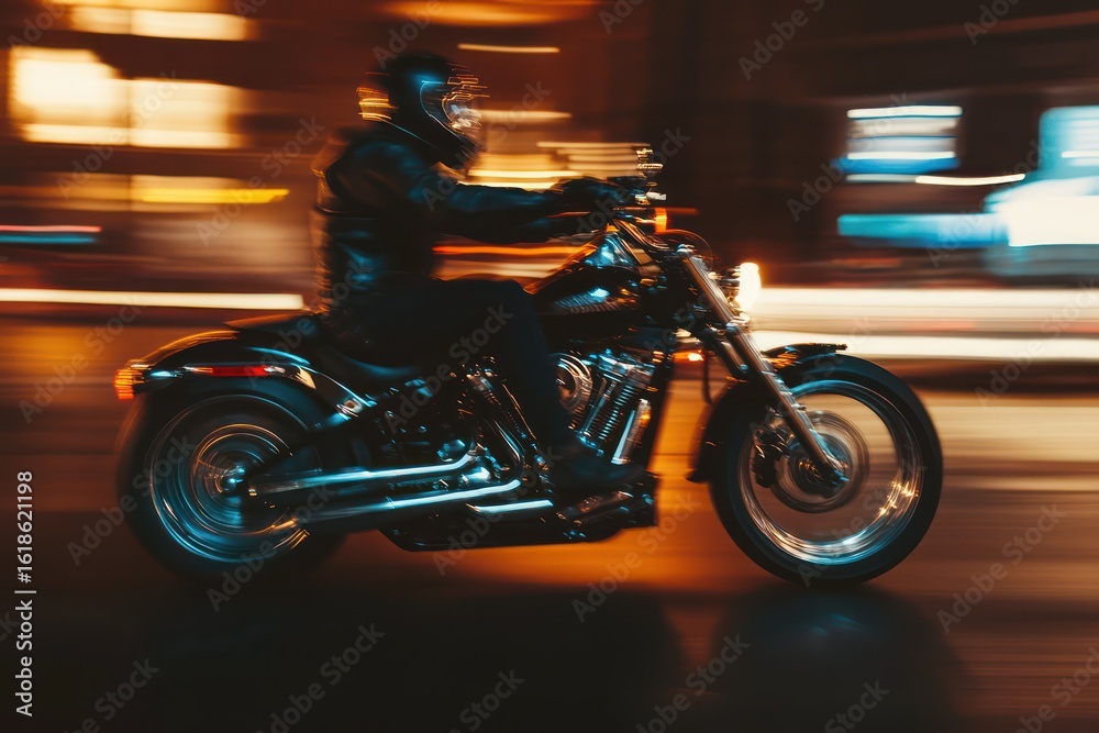 Fototapeta premium Night shot of chopper motorcycle speeding on street