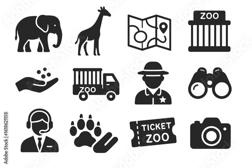 Zoo icons: elephant, giraffe, map, ticket, truck, ranger, camera, binoculars