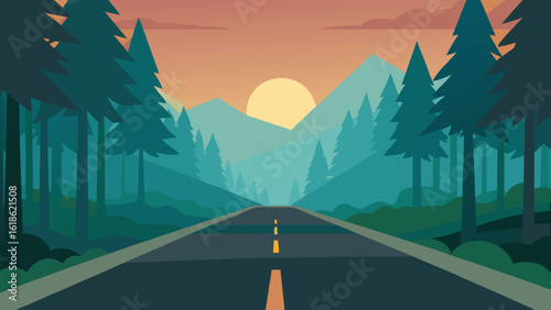 Dense Forest Road with Morning Mist Filtering Through