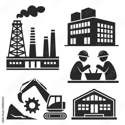 Industrial factory smoke stack silhouette icon set

