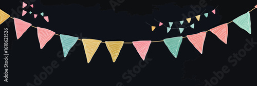 Colorful party bunting garland with pink yellow and green pennants hanging on dark chalkboard background festive decoration for celebration events and festivals vector illustration