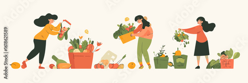 Young women sorting food waste and composting vegetables in colorful bins for sustainable waste management and environmental conservation concept illustration in flat minimalist style