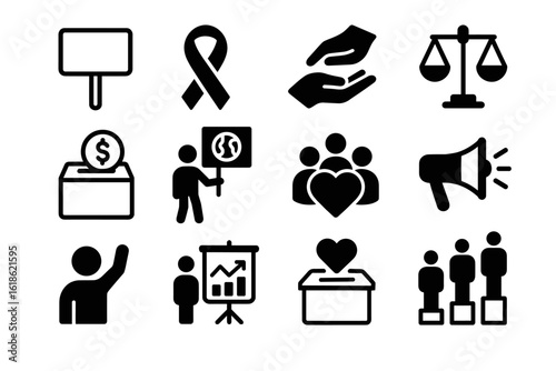 Social justice icons: advocacy, charity, equality, and community symbols