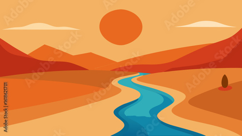 Desert with Dry Riverbed at Sunrise Nature Landscape