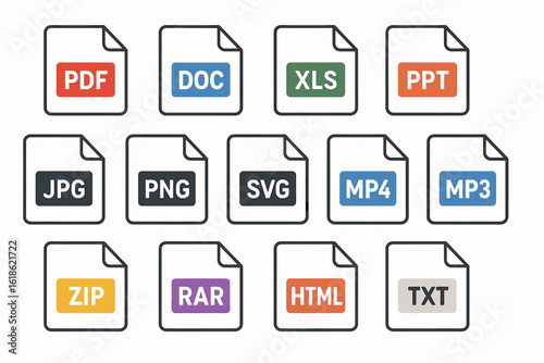 Common file type icons including pdf doc xls ppt jpg png svg formats