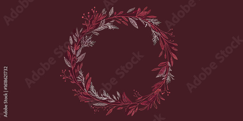 Minimalist red botanical wreath frame with hand drawn style leaves and branches on dark background for elegant decorative design and holiday cards