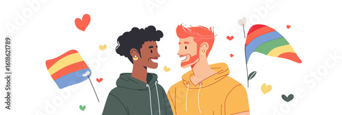 Diverse gay couple smiling and looking at each other with rainbow and LGBTQ pride flags floating around in flat minimalist vector style illustration on white background