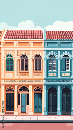 Colorful Singapore heritage shophouses with arched windows and doors in minimalist flat vector style row facade architectural design under blue sky