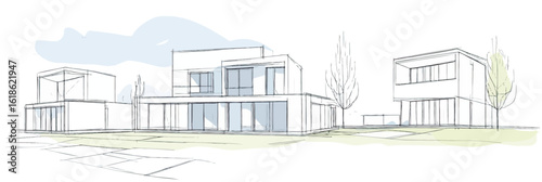 Minimalist architectural sketch of modern two-story residential houses with clean lines, large windows, flat roofs, and landscaped yard in conceptual style vector illustration