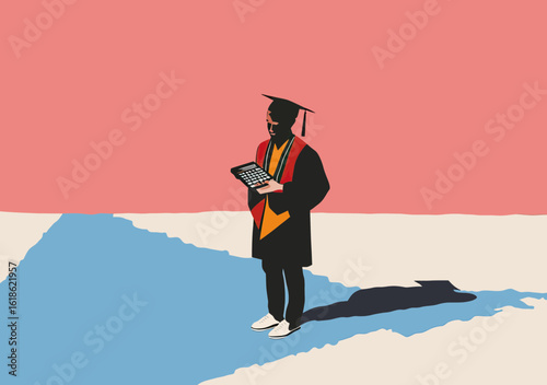 Graduated student wearing cap and gown holding calculator standing on abstract geometric shapes with shadow flat vector illustration