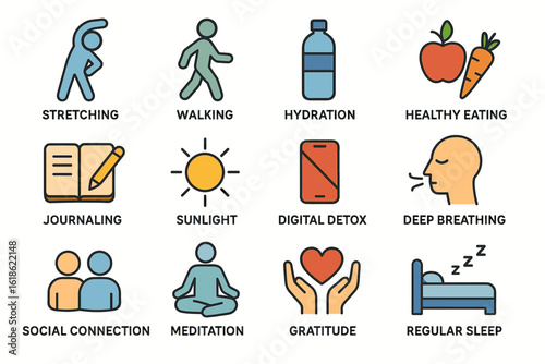 Healthy habits icons: stretching, walking, and more for wellness