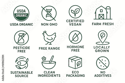 Organic farming icons: usda organic, non-gmo, vegan, farm fresh, sustainable