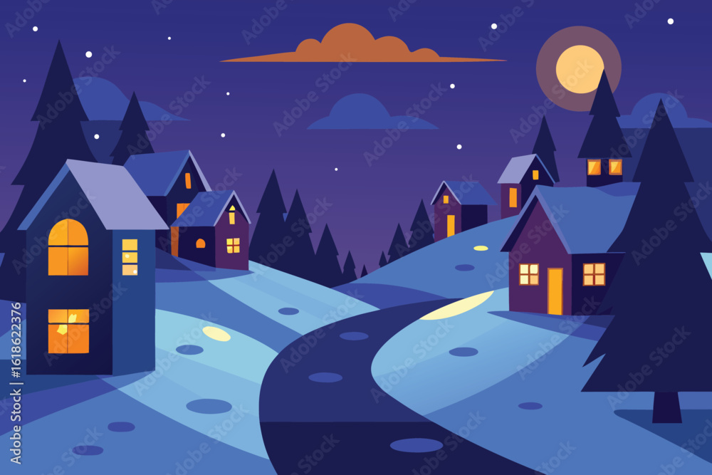 Fototapeta premium a peaceful winter night scene with houses, snow, and a shining moon in the sky vector illustration