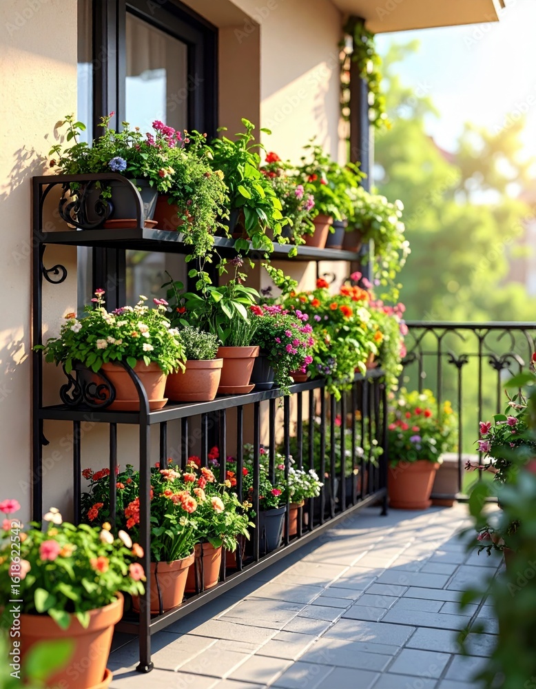 Naklejka premium A vibrant balcony adorned with colorful flower pots, creating a lively and inviting atmosphere in a sunny outdoor setting.