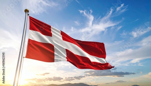 Denmark Flag Waving in Windy Sky, Majestic Outdoor Scene