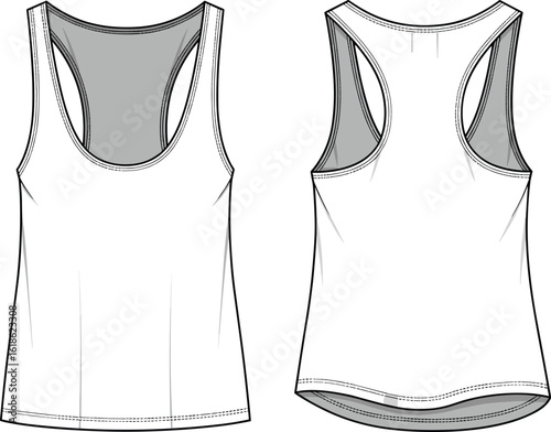 Flat vector CAD drawing of women's racerback tank top with scoop neck, activewear style, technical fashion sketch front and back