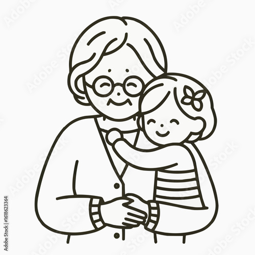 Grandmother and granddaughter embracing joyfully in a simple and cute line art style