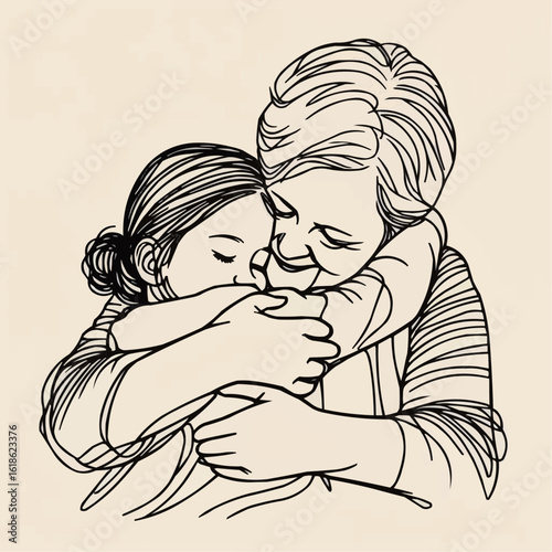 Grandmother hugging her granddaughter tenderly with warmth and love in a line art style

