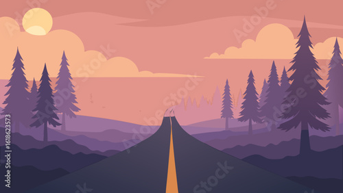 Forest Road Shrouded in Mist at Sunrise Nature Scene