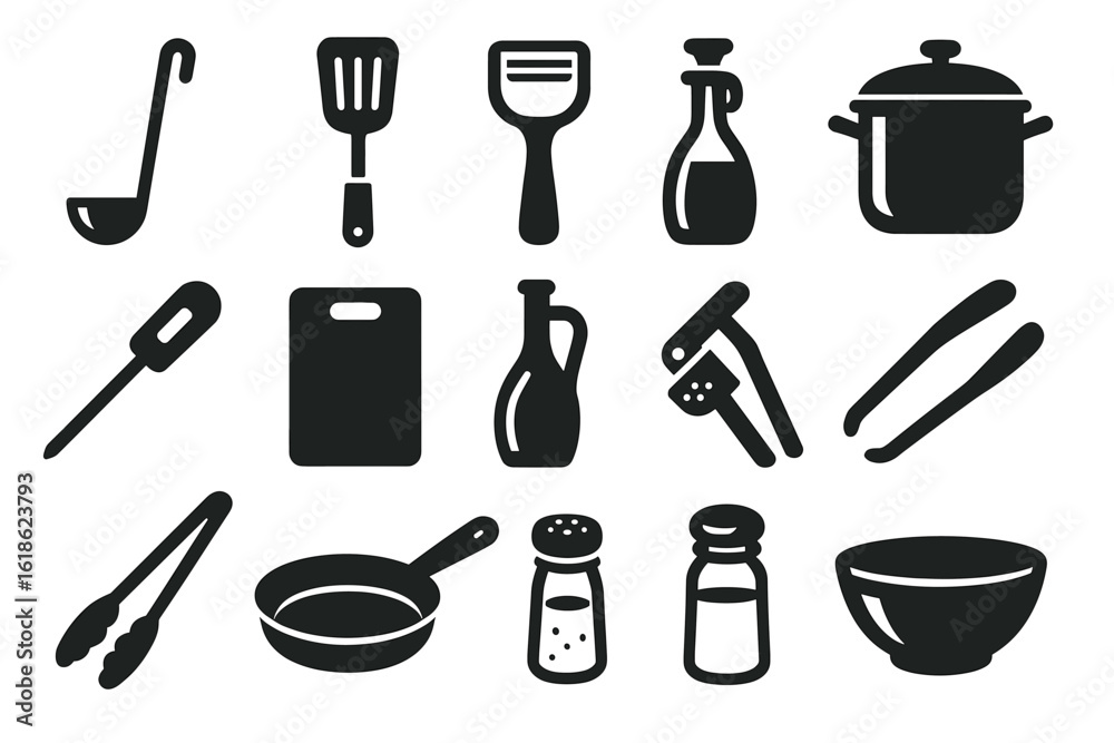 Obraz premium Silhouettes of kitchen utensils: ladle, spatula, peeler, bottles, pot, pan, salt shaker, bowl