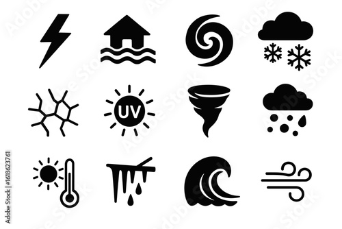 Weather icons: lightning, flood, hurricane, snow, uv, tornado, rain, temperature, ice, wave, wind