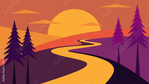 Forest Road with Sharp Hairpin Turn at Sunrise Nature