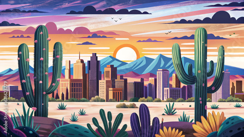 Vector banner of Phoenix skyline with cactus silhouettes, desert scenery, sunset skies, and southwestern architecture. Ideal for Arizona, USA landscapes, and travel themes