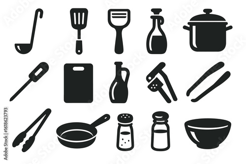 Silhouettes of kitchen utensils: ladle, spatula, peeler, bottles, pot, pan, salt shaker, bowl